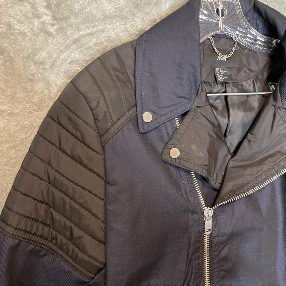 H&M Men Grunge Dark Navy Blue Full Zip Padded Shoulders Biker Jacket 42R